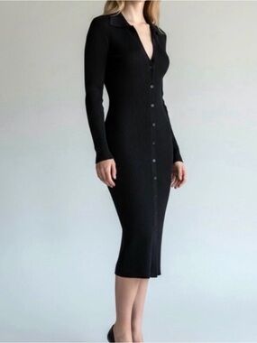 House Of Harlow 1960 Black Ribbed Button Front Sweater Dress, Medium